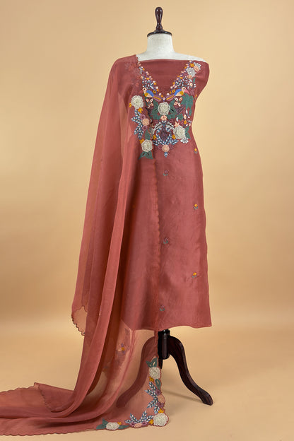Garden Of Dreams Luxe Rust Orange Handloom Kora Silk Suit Fabric With Appliqué Work And French Thread Embroidery