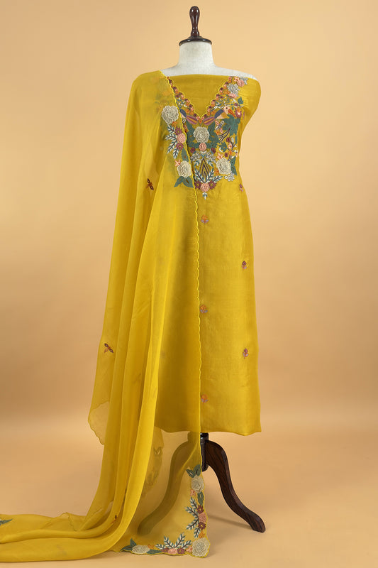 Garden Of Dreams Luxe Yellow Handloom Kora Silk Suit Fabric With Appliqué Work And French Thread Embroidery