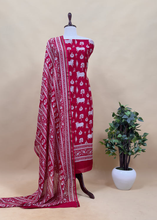 Red Pure Maheshwari Silk Unstitched Suit With Dupatta