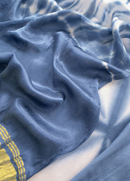 Indigo Hand-Dyed Shibori Print Pure Gajji Silk Suit With Zari Border