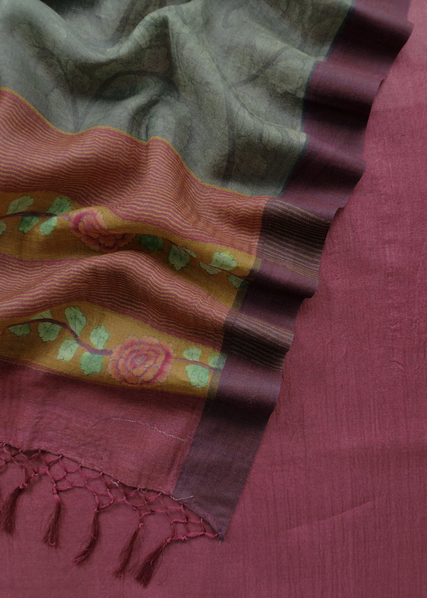 Maroon Pure Pashmina Unstitched Suits With Kalamkari Dupatta