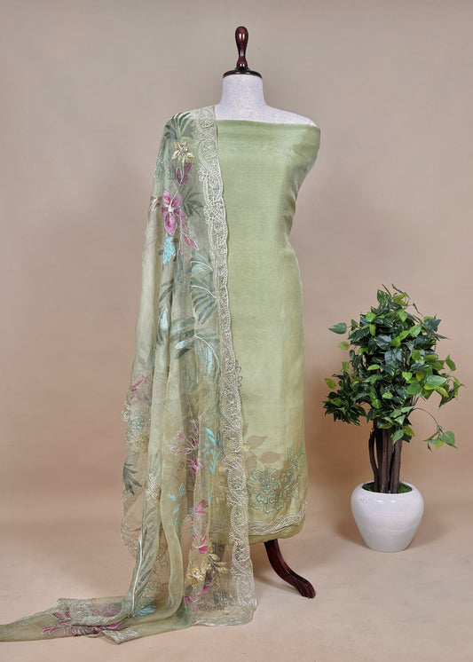 Green Hand Painted Unstitched Suit In Pure Organza Silk