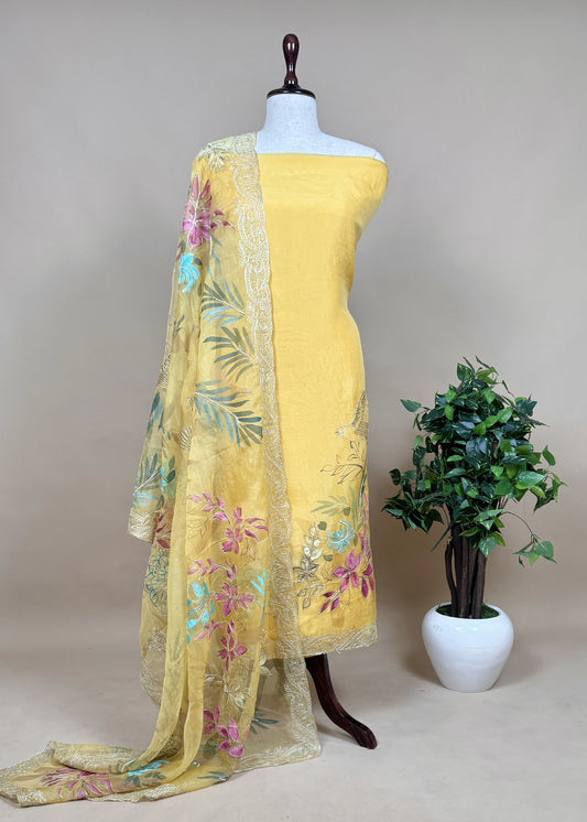 Yellow Hand Painted Unstitched Suit In Pure Organza Silk