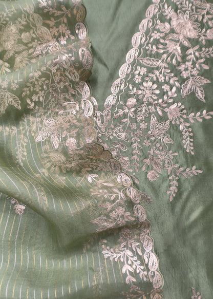 Jade Green Tussar Silk Unstitched Suit With Pitta Work
