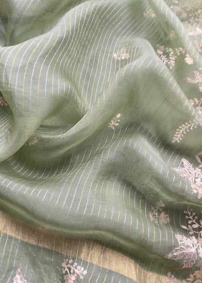Jade Green Tussar Silk Unstitched Suit With Pitta Work