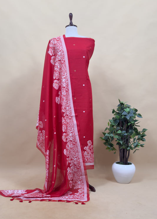 Red Floral Jamdani Weaved Unstitched Suit In Linen Chanderi