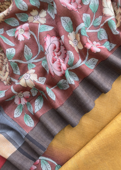 Yellow Handloom Pashmina Suit With Hand Painted Kalamakari