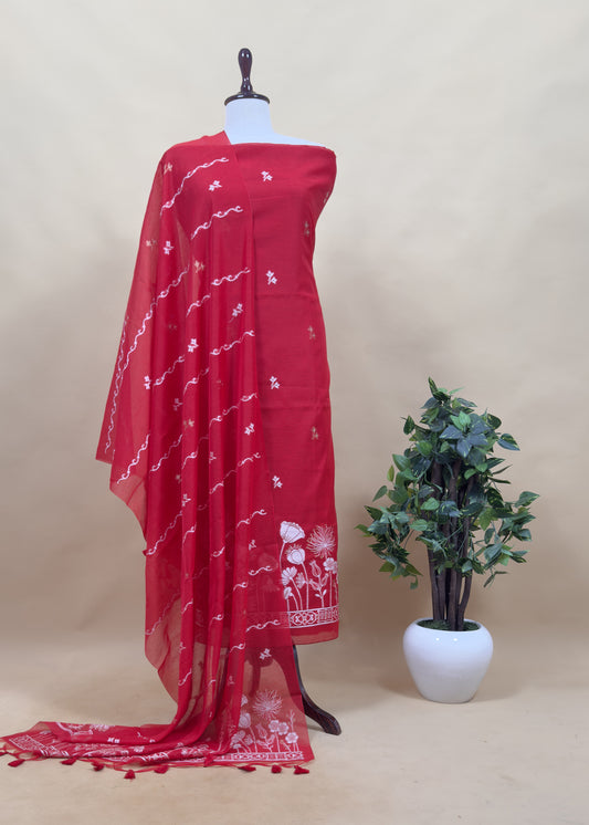 Red Floral Jamdani Weaved Unstitched Suit In Linen Chanderi