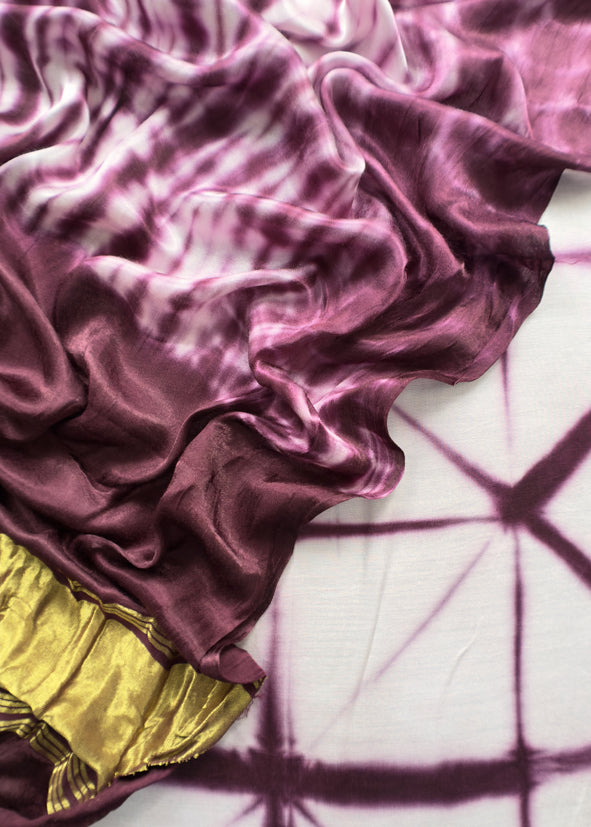 Violet Hand-Dyed Shibori Print Pure Gajji Silk Suit With Zari Border