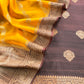 Brown And Yellow Handloom Raw Silk Suit With Kora Silk Dupatta