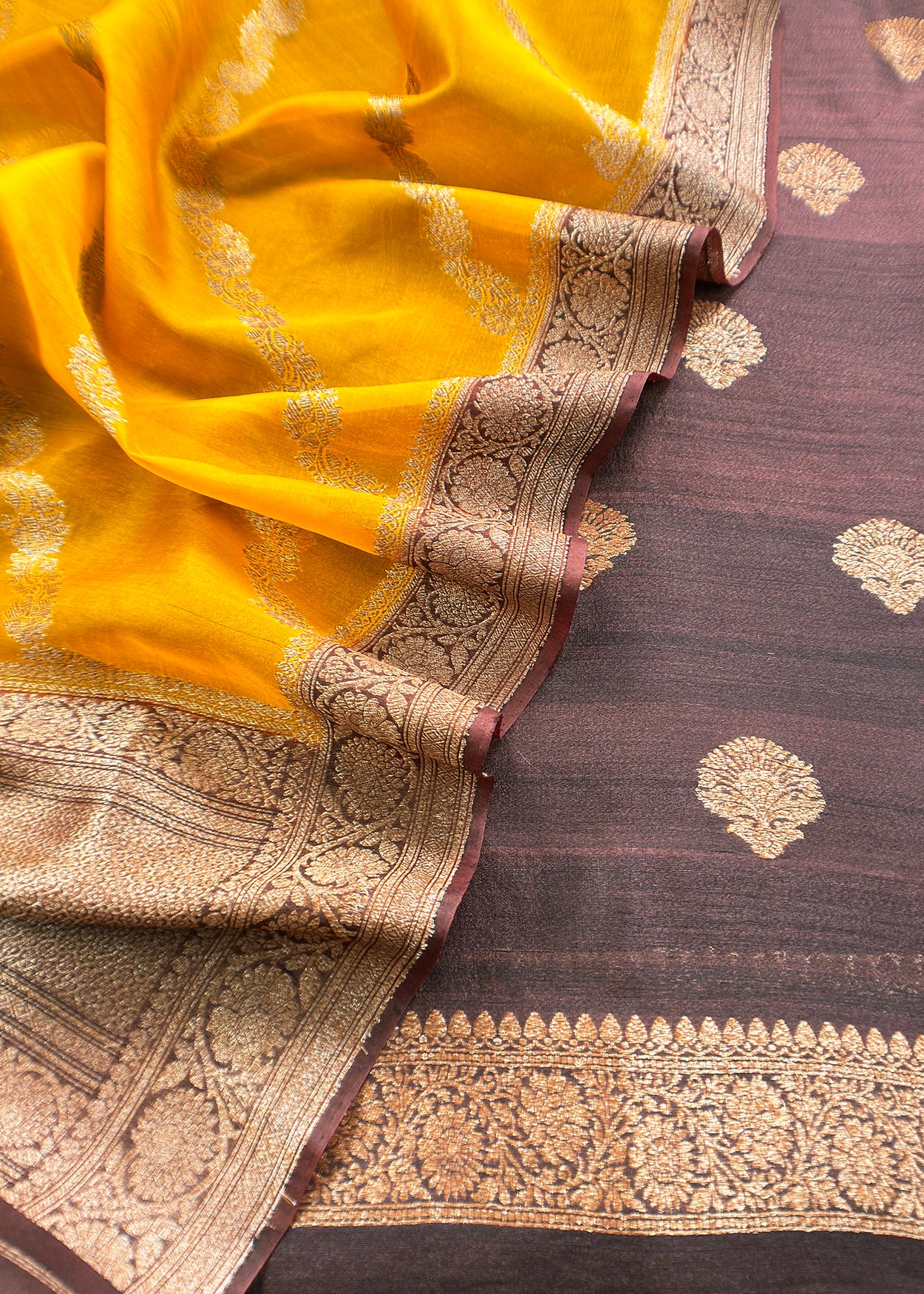 Brown And Yellow Handloom Raw Silk Suit With Kora Silk Dupatta