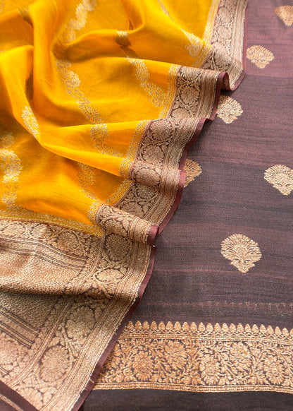 Brown And Yellow Handloom Raw Silk Suit With Kora Silk Dupatta