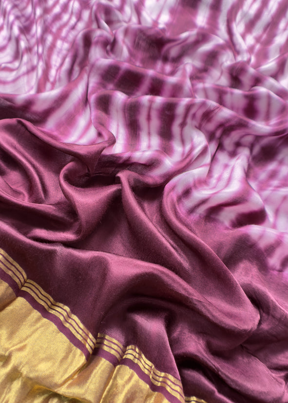 Violet Hand-Dyed Shibori Print Pure Gajji Silk Suit With Zari Border