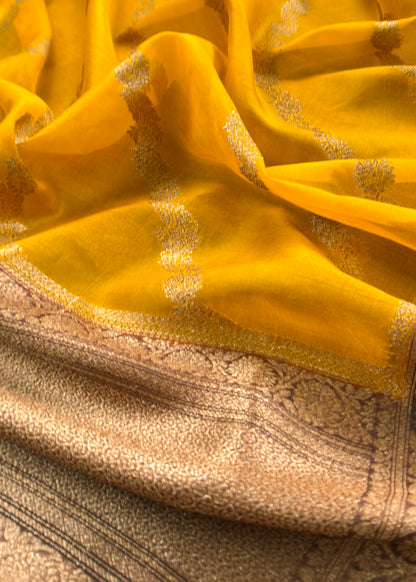 Brown And Yellow Handloom Raw Silk Suit With Kora Silk Dupatta