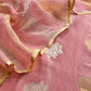 Peach Handloom Banarasi Unstitched Suit In Kora Tissue Silk