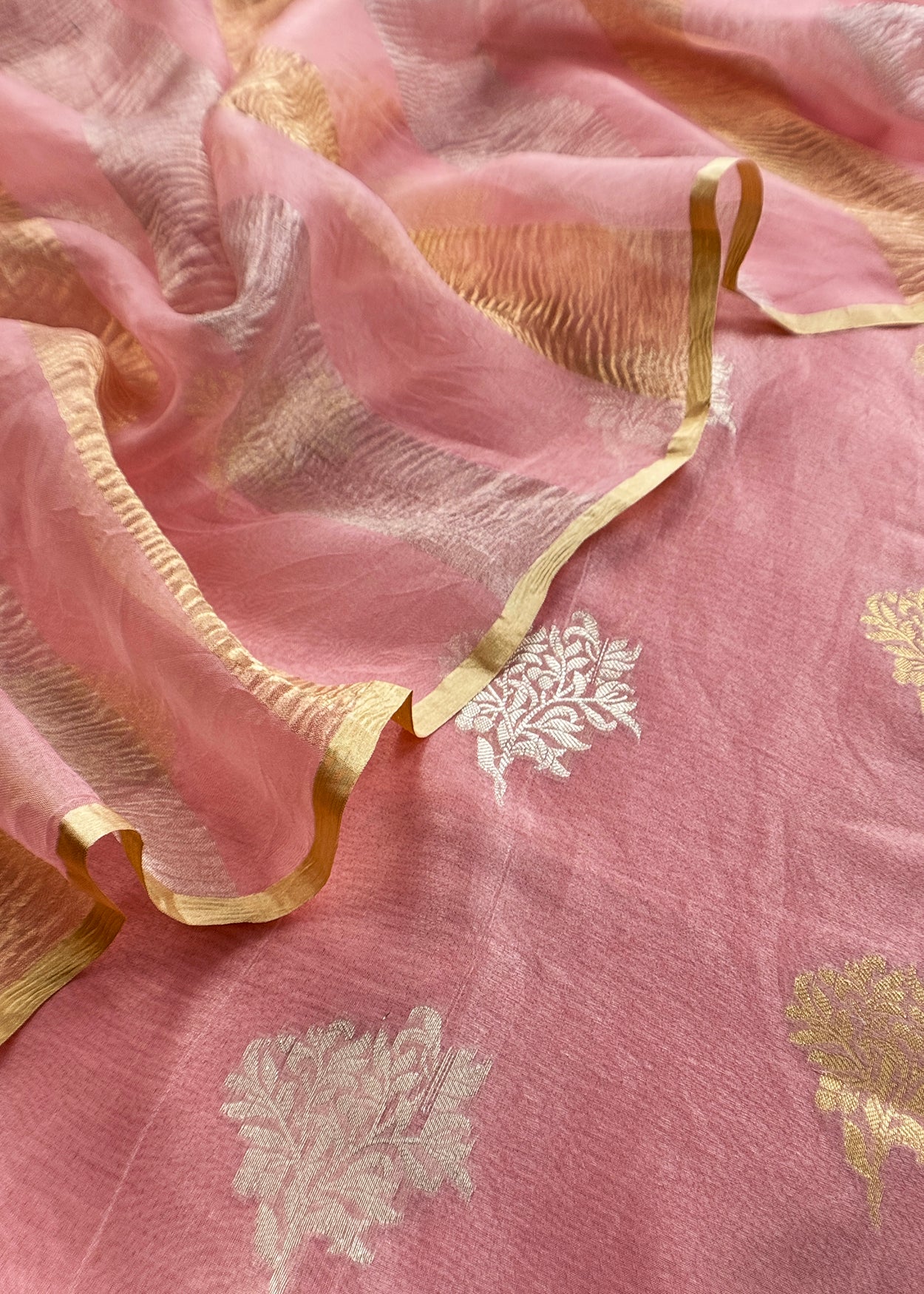 Peach Handloom Banarasi Unstitched Suit In Kora Tissue Silk
