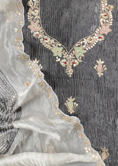 Charcoal  Crushed Tissue-Silk Unstitched Suit With Dori Hand Embroidery