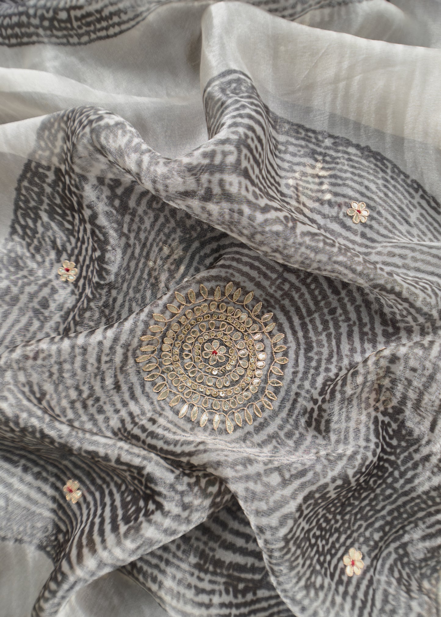 Charcoal  Crushed Tissue-Silk Unstitched Suit With Dori Hand Embroidery