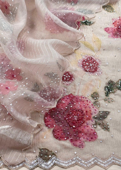 Off White Crushed Tissue Silk Unstitched Suit
