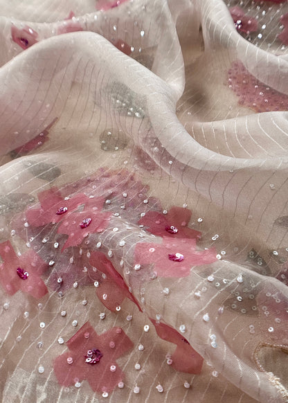 Off White Crushed Tissue Silk Unstitched Suit