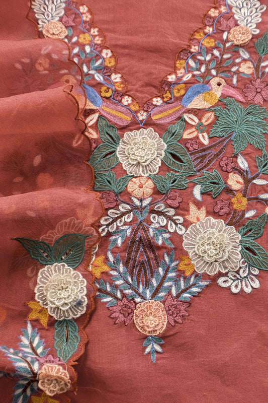 Garden Of Dreams Luxe Rust Orange Handloom Kora Silk Suit Fabric With Appliqué Work And French Thread Embroidery