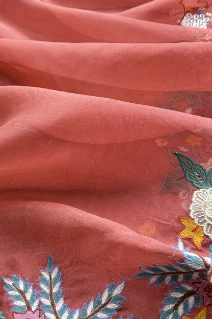 Garden Of Dreams Luxe Rust Orange Handloom Kora Silk Suit Fabric With Appliqué Work And French Thread Embroidery