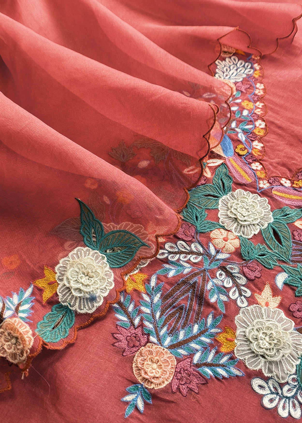 Garden Of Dreams Luxe Rust Orange Handloom Kora Silk Suit Fabric With Appliqué Work And French Thread Embroidery