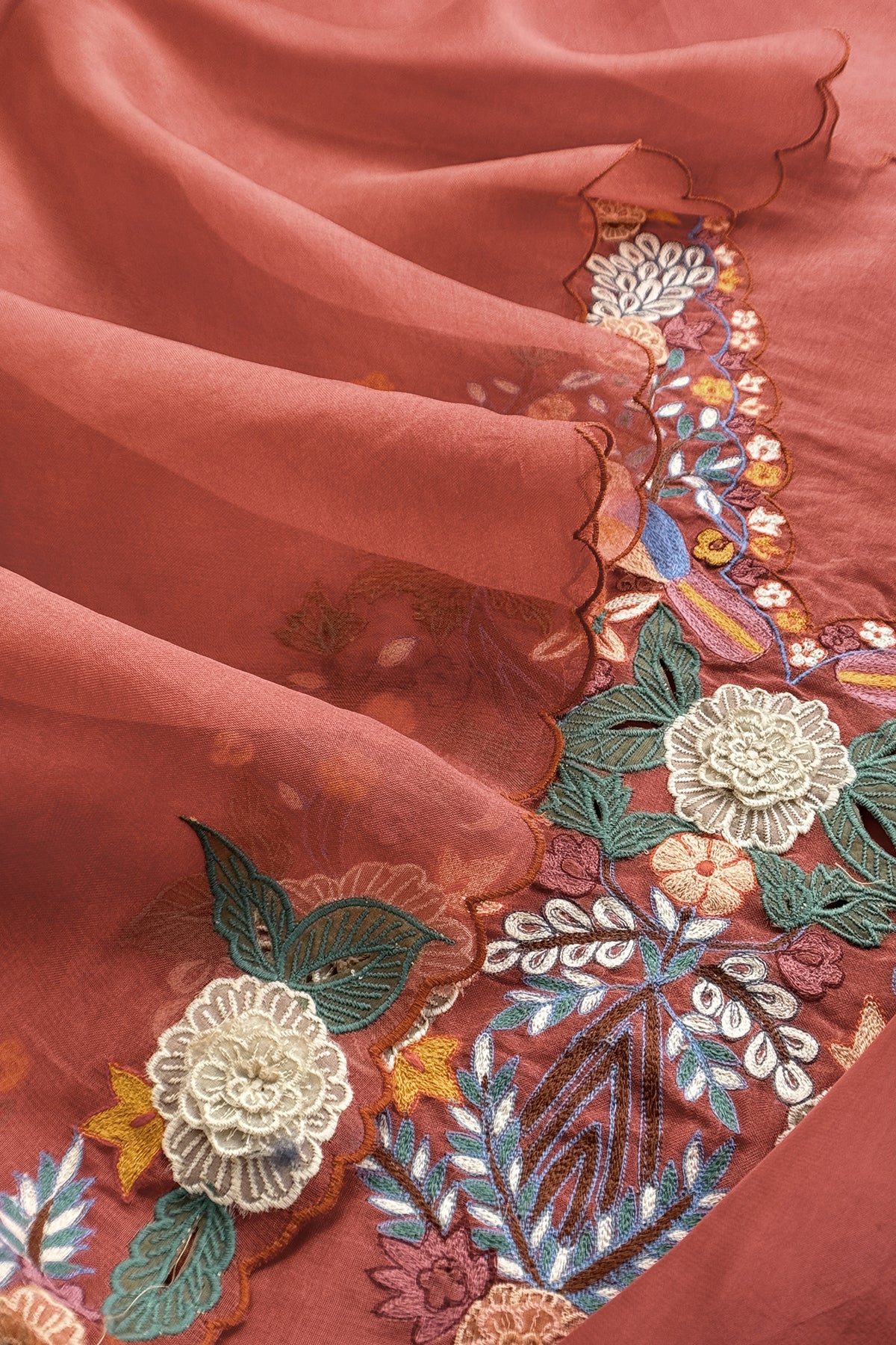 Garden Of Dreams Luxe Rust Orange Handloom Kora Silk Suit Fabric With Appliqué Work And French Thread Embroidery