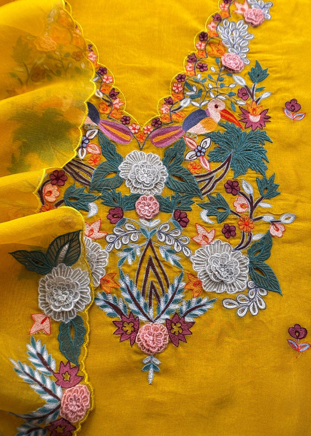 Garden Of Dreams Luxe Yellow Handloom Kora Silk Suit Fabric With Appliqué Work And French Thread Embroidery