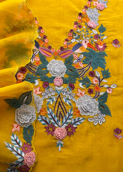 Garden Of Dreams Luxe Yellow Handloom Kora Silk Suit Fabric With Appliqué Work And French Thread Embroidery