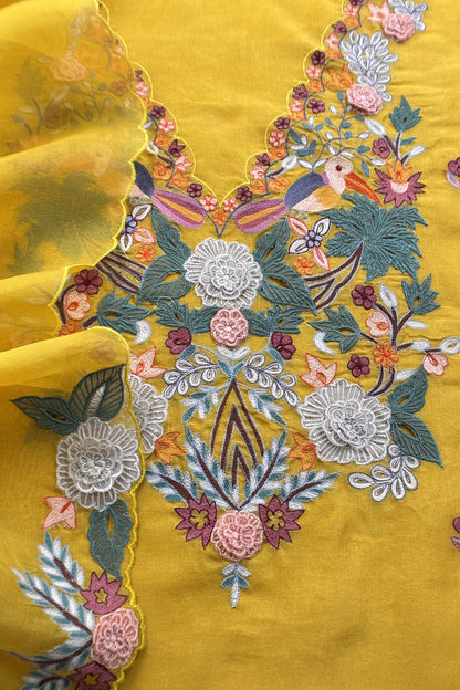 Garden Of Dreams Luxe Yellow Handloom Kora Silk Suit Fabric With Appliqué Work And French Thread Embroidery