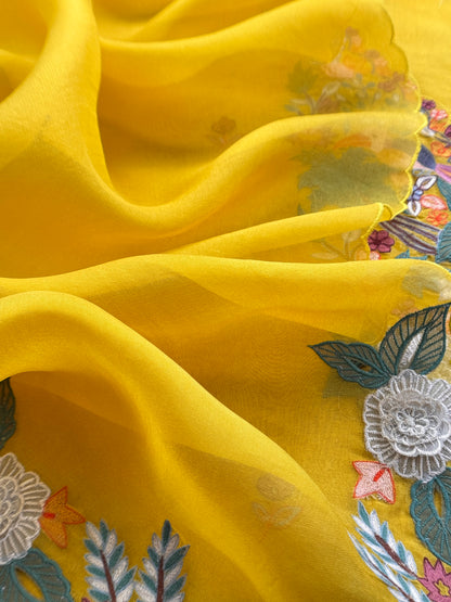 Garden Of Dreams Luxe Yellow Handloom Kora Silk Suit Fabric With Appliqué Work And French Thread Embroidery