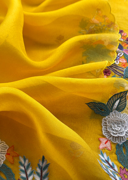Garden Of Dreams Luxe Yellow Handloom Kora Silk Suit Fabric With Appliqué Work And French Thread Embroidery