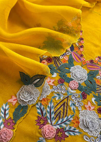Garden Of Dreams Luxe Yellow Handloom Kora Silk Suit Fabric With Appliqué Work And French Thread Embroidery