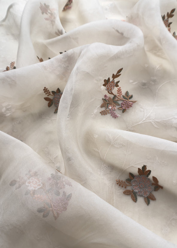 Off White Pure Organza Unstitched Suit With Resham Thread Embroidery