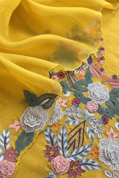 Garden Of Dreams Luxe Yellow Handloom Kora Silk Suit Fabric With Appliqué Work And French Thread Embroidery