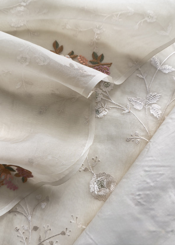 Off White Pure Organza Unstitched Suit With Resham Thread Embroidery