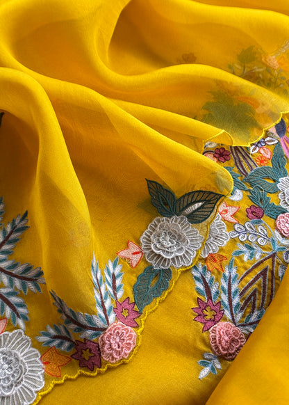 Garden Of Dreams Luxe Yellow Handloom Kora Silk Suit Fabric With Appliqué Work And French Thread Embroidery