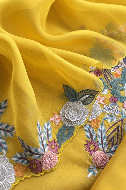 Garden Of Dreams Luxe Yellow Handloom Kora Silk Suit Fabric With Appliqué Work And French Thread Embroidery