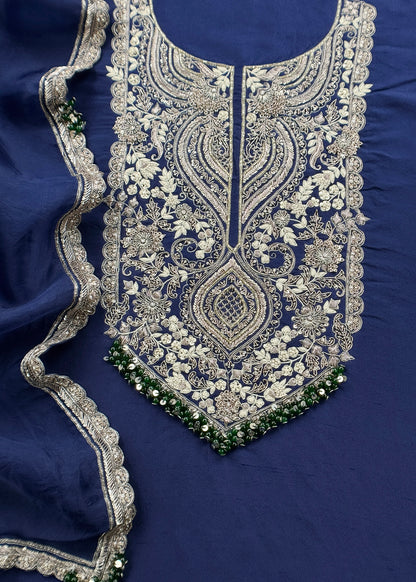 Royal Blue Luxe Handloom Dupion Silk Kurta and Kora Silk Dupatta With Handwork