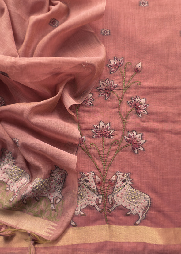 Flamingo Pink Kantha Embroidered Pichwai Suit With Jamdani Weaving