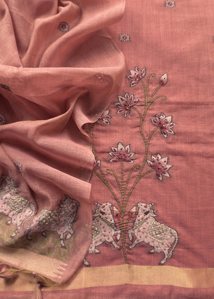 Flamingo Pink Kantha Embroidered Pichwai Suit With Jamdani Weaving