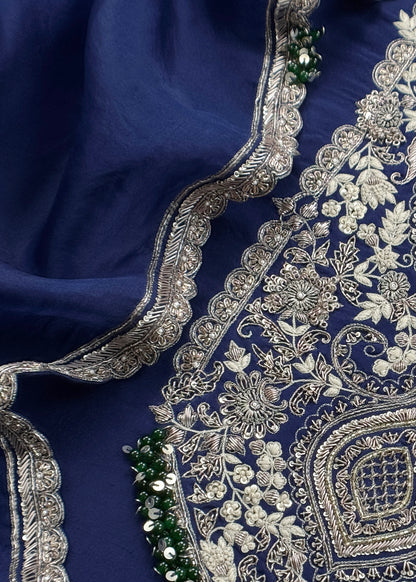 Royal Blue Luxe Handloom Dupion Silk Kurta and Kora Silk Dupatta With Handwork