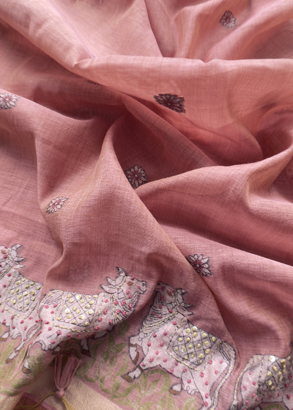 Flamingo Pink Kantha Embroidered Pichwai Suit With Jamdani Weaving