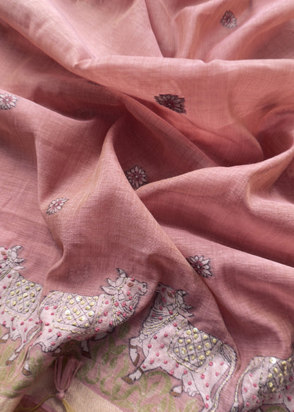 Flamingo Pink Kantha Embroidered Pichwai Suit With Jamdani Weaving