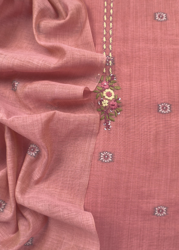 Flamingo Pink Kantha Embroidered Pichwai Suit With Jamdani Weaving