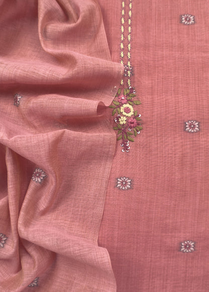 Flamingo Pink Kantha Embroidered Pichwai Suit With Jamdani Weaving