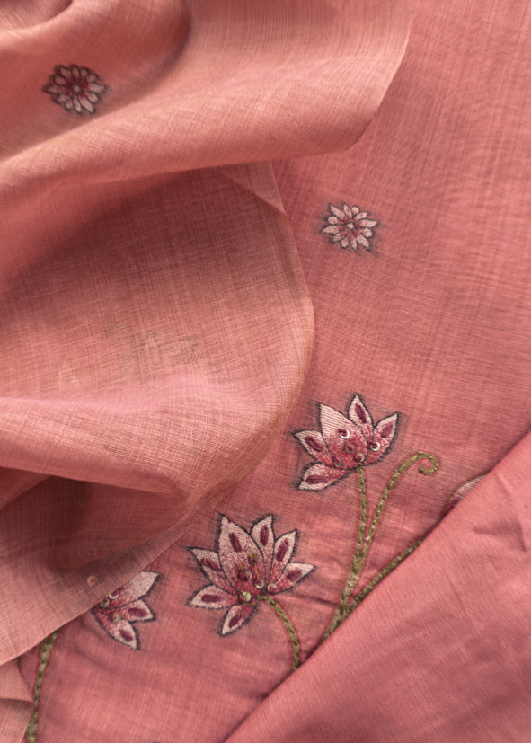 Flamingo Pink Kantha Embroidered Pichwai Suit With Jamdani Weaving