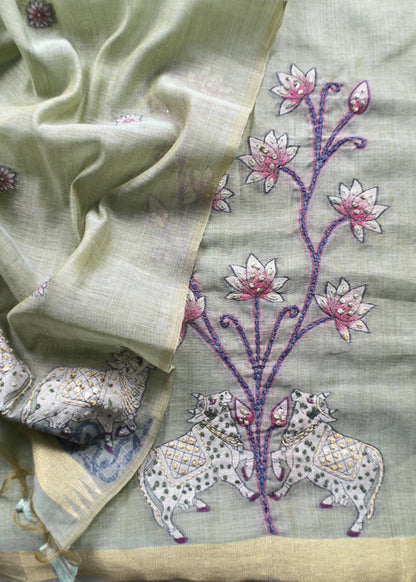 Sage Green Kantha Embroidered Pichwai Suit With Jamdani Weaving