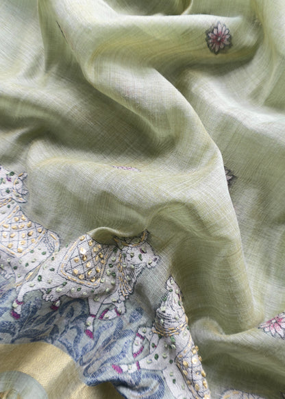 Sage Green Kantha Embroidered Pichwai Suit With Jamdani Weaving